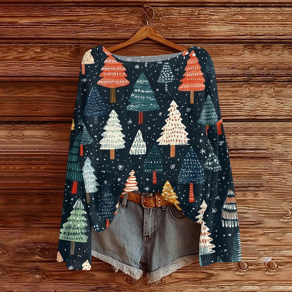 Women's Fashion Round Neck Long Sleeve Christmas Print Casual Pullover Sweater Top