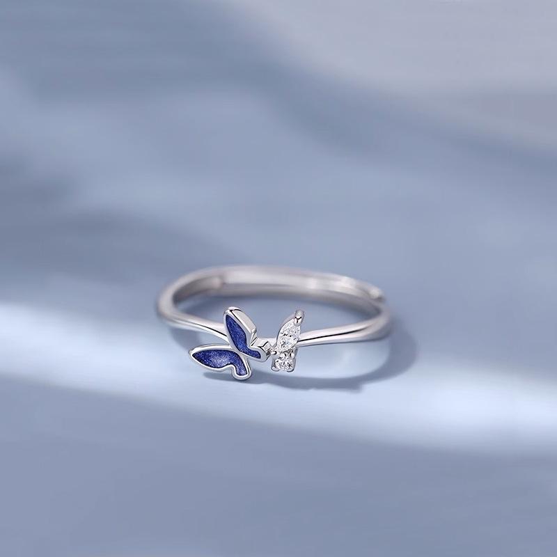 S925 Sterling Silver Blue Butterfly Open Ring: Women's Fashionable High-End Index Finger Accessory