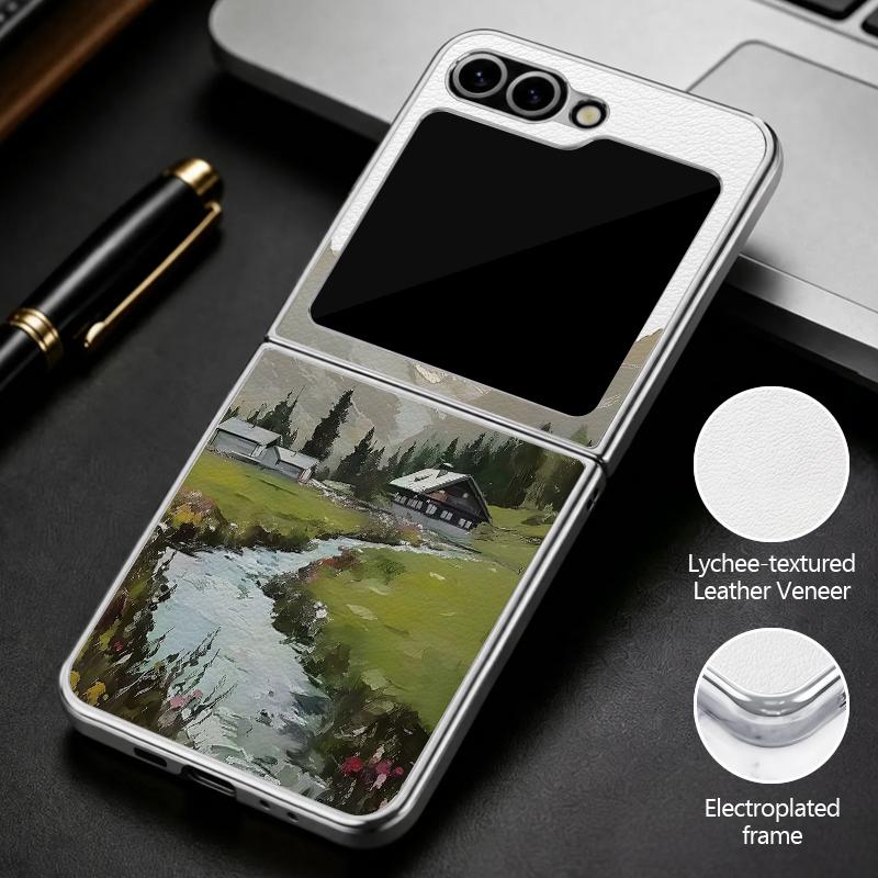Mountain Valley Camping Art Case For Samsung Galaxy Z Flip 8 7 FE 6 5 4 Z Flip8 Flip7 Flip6 Flip5 Luxury Plating Leather Skin Phone Cover