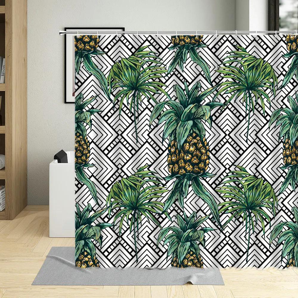 Tropical Pineapple Shower Curtains Watercolor Fruit Leaves Palm Leaf Flower Plant Bath Curtain Sets Modern Fabric Bathroom Decor