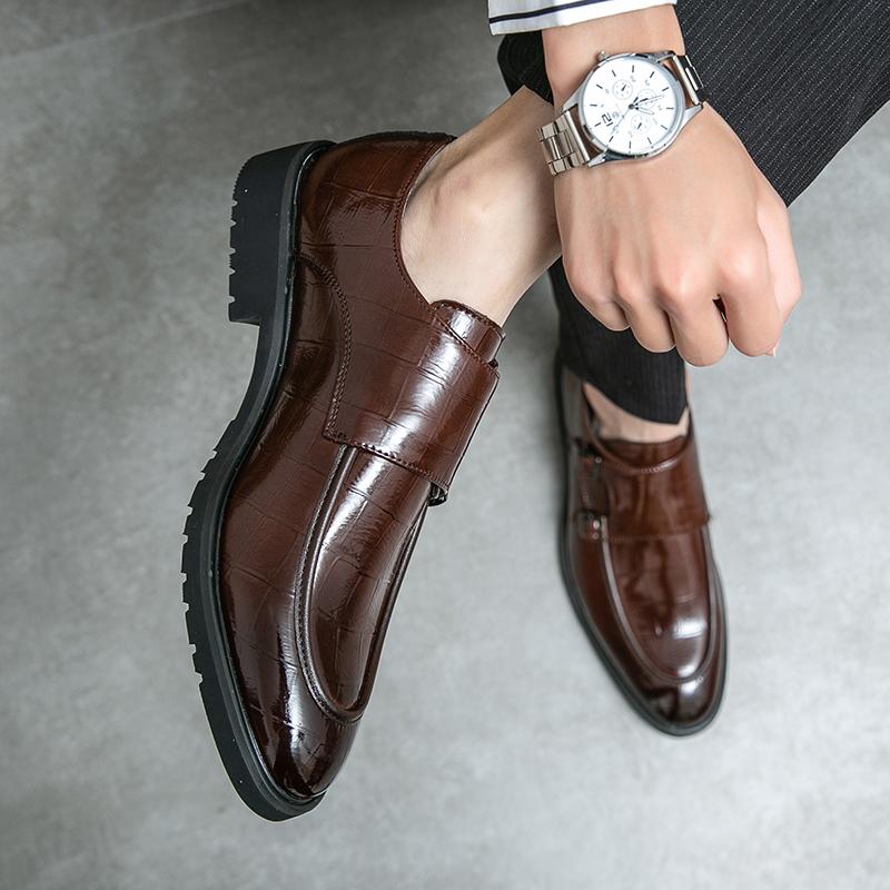 Men Monks Black Dress Loafers Shoes Slip On Comfort Wedding Brown Formal Leather Business Shoes Large Size