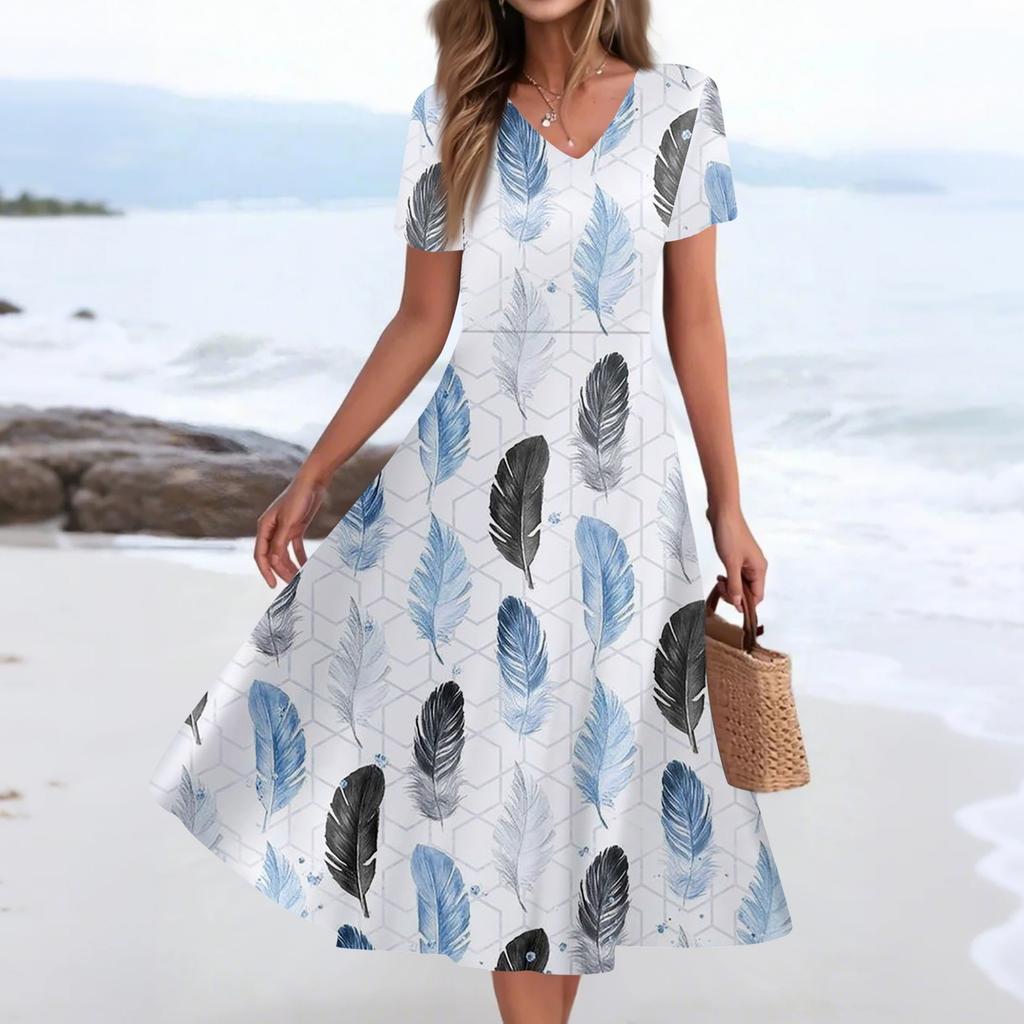 Women's Summer Casual Fashion Print Pocket Short Sleeve V-Neck Swing Dress