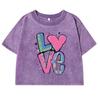 Color Graffiti Letter Love Print T-Shirts Women Washed Fashion Casual Crop Top Street Tops Summer Cotton Short Sleeve