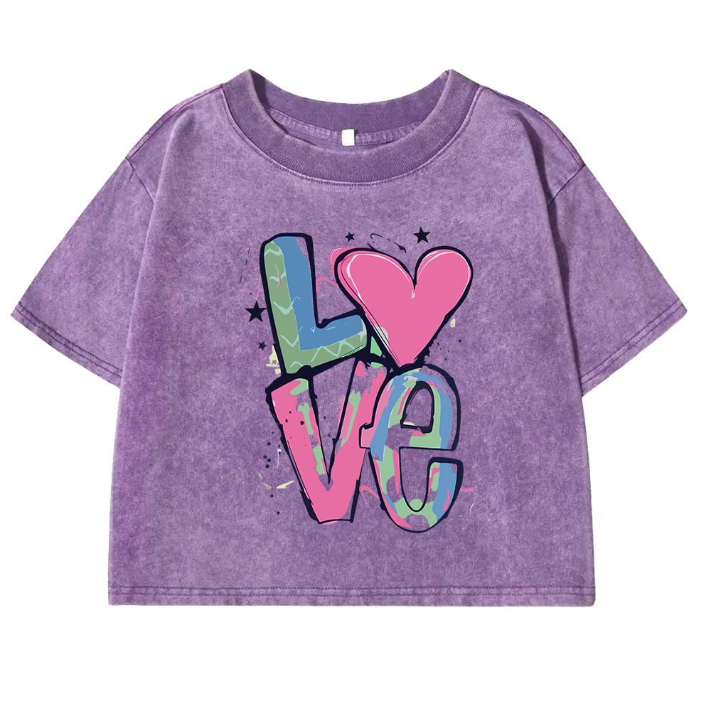 Color Graffiti Letter Love Print T-Shirts Women Washed Fashion Casual Crop Top Street Tops Summer Cotton Short Sleeve