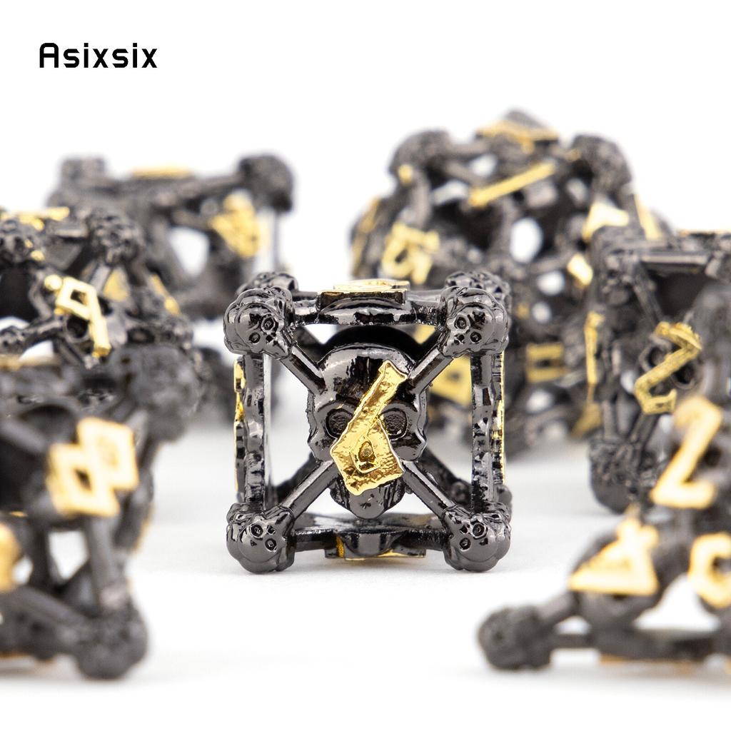 7 Pcs Black Yellow Skull Head Metal Dice Hollow Metal Polyhedral Dice Set Suitable for Role-Playing RPG  Board Game Card Game