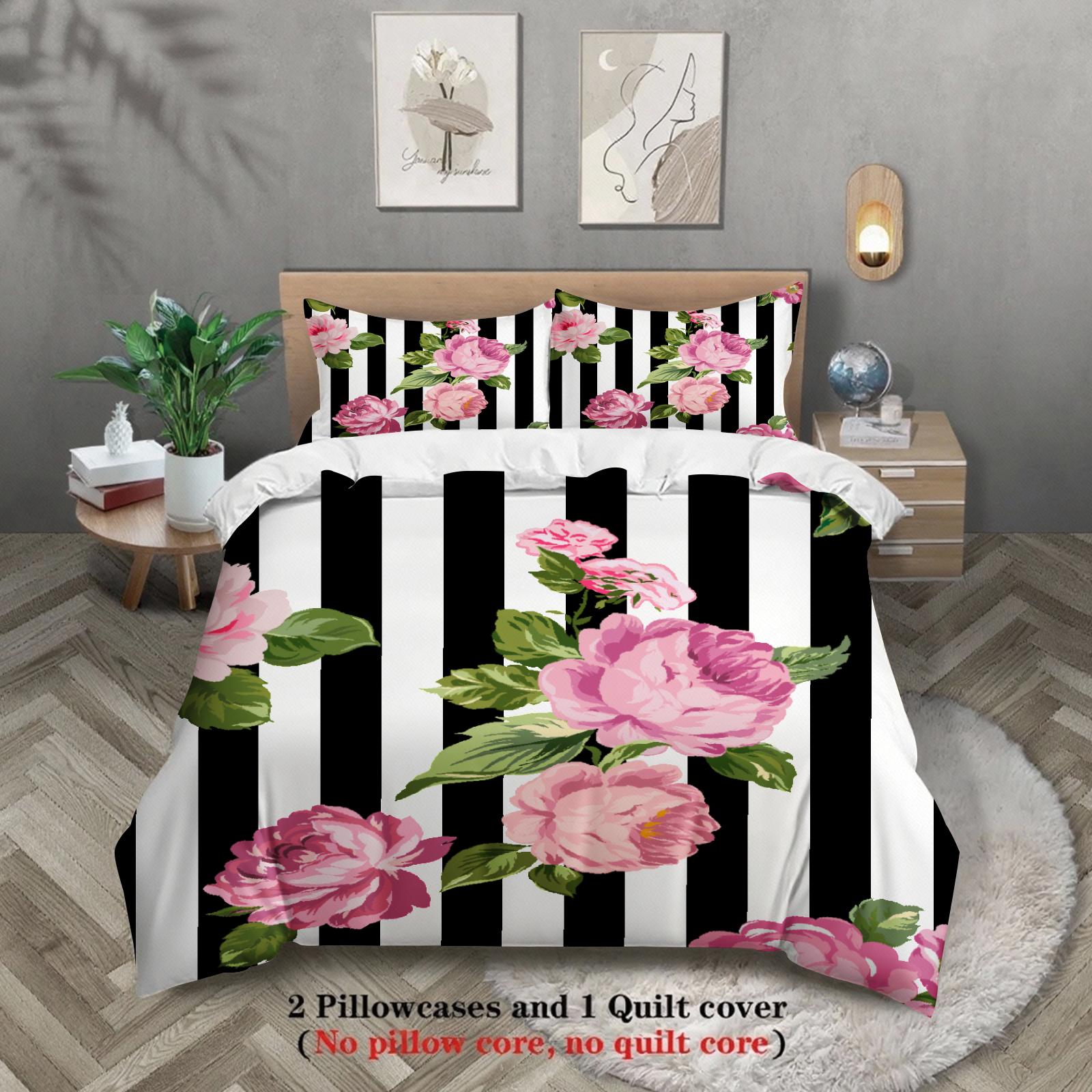 

3pcs Pink Blossoms Duvet Cover Zebra Stripe Watercolor Style 3D Printed Single Twin Queen Size 100% Polyester Quilt Cover Sets US King(264x229cm)