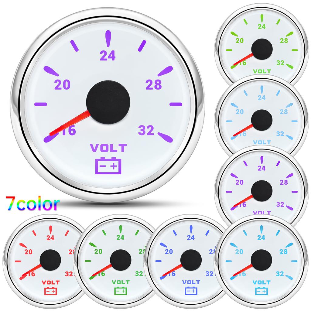 52MM Pointer Voltmeter Waterproof 7 Colors Backlight Voltage Meter 8-16V 16-32V VOLTS for 12V 24V Car Auto Boat Yacht RV Marine