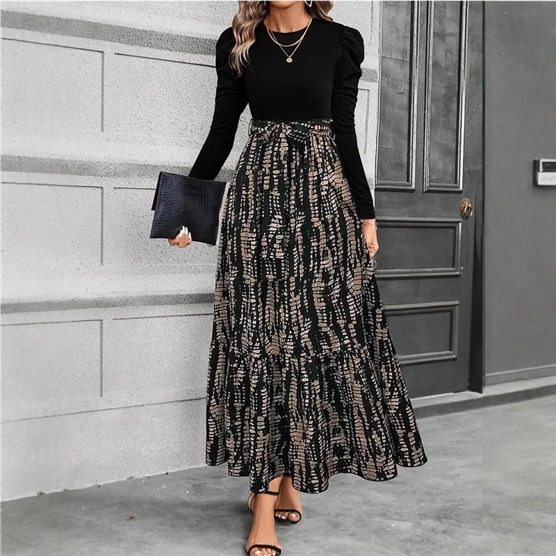 Women's clothing autumn explosion floral printing crew neck long-sleeved dress exotic vacation style elegant even