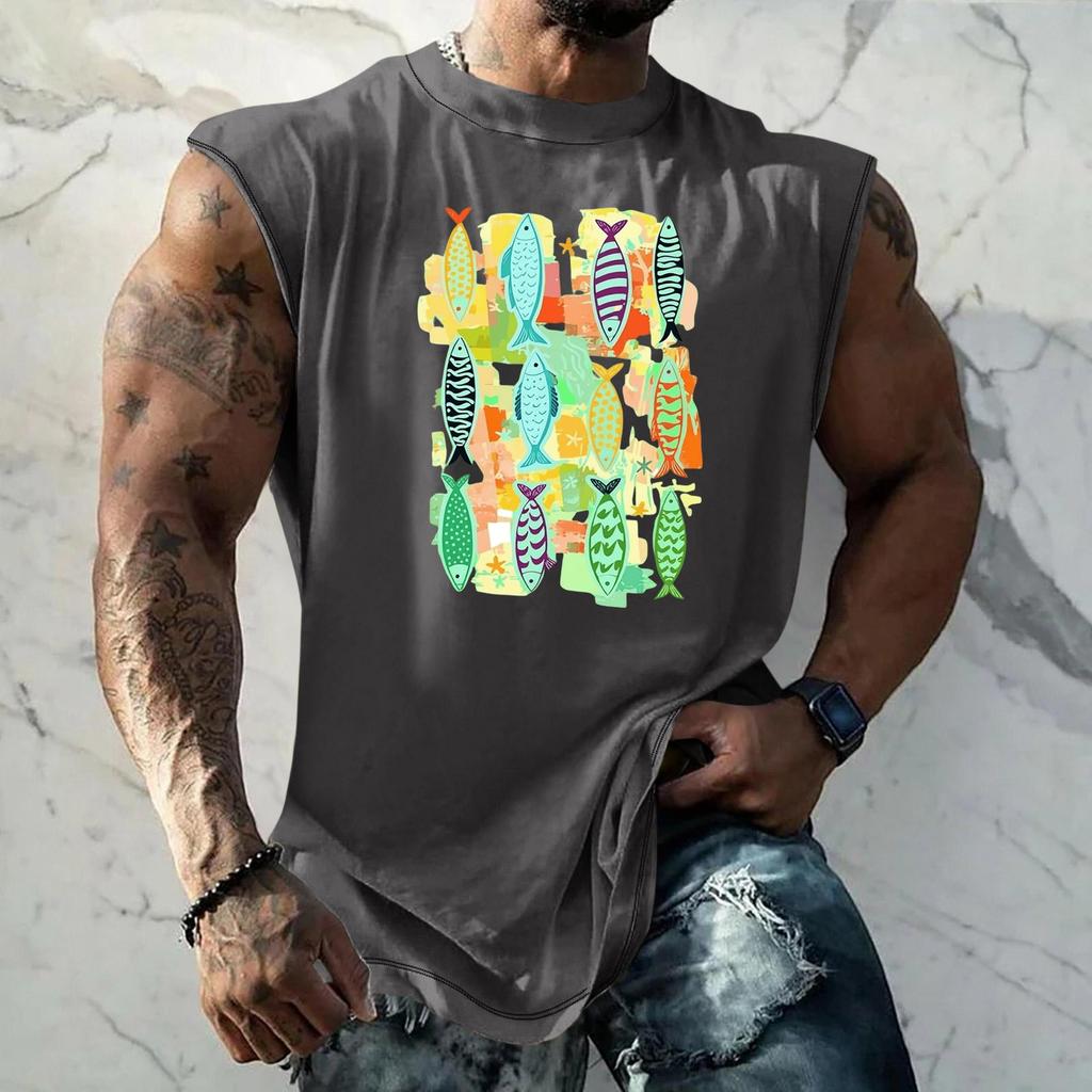 Men's Sleeveless Tank Top Loose Fit Vintage Texture Breathable Muscle Shirt Summer Streetwear Casual Daily Wear Printed Vest