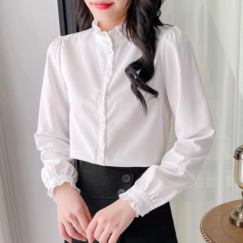 Women's 2024 French Stand-Up Collar Ruffled Long-Sleeve Shirt