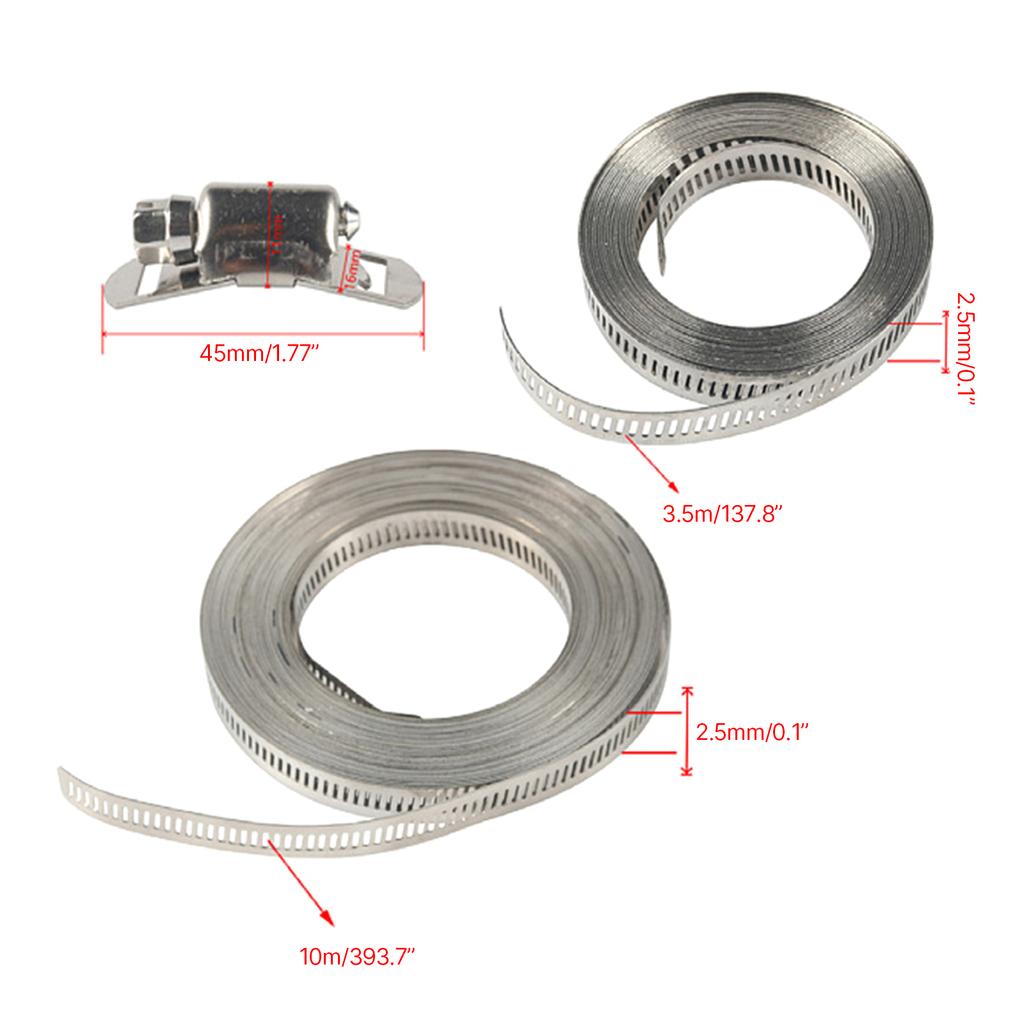 Hose Clamps 304 Stainless Steel 3.5/10m Hole Tape Metal + 8/16Pcs Attachment DIY Hose Clamp Set Adjustable Hose Clamp