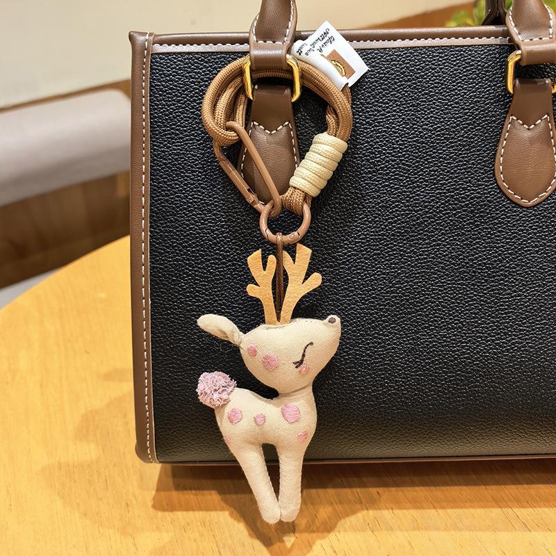 Cute Fabric Deer Bag Charm, Handmade Plush Deer Keychain with Colorful Braided Rope