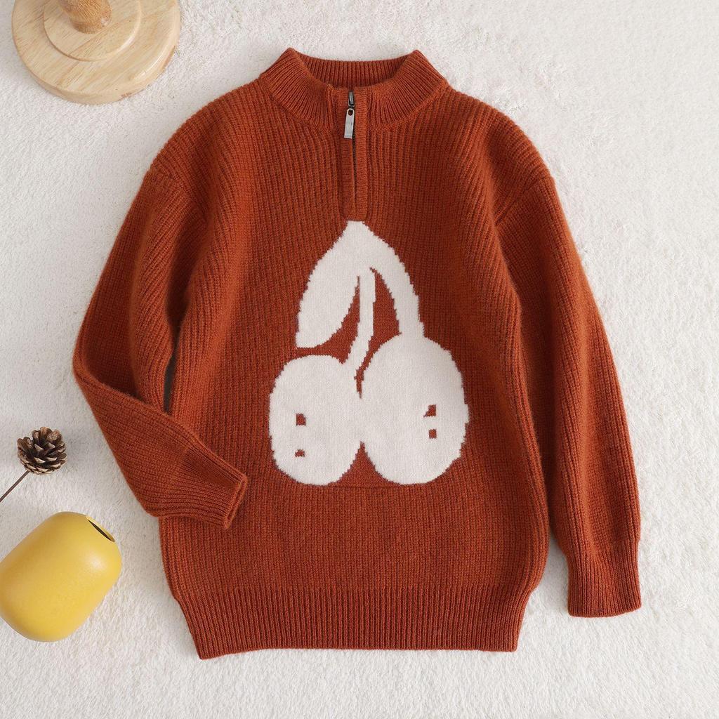 Kids' Cherry Jacquard Wool Pullover Sweater, Unisex Half-Zip Ribbed Base Layer