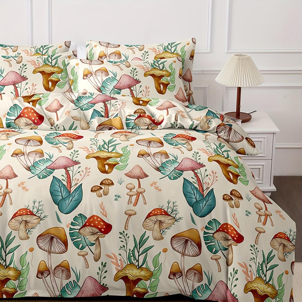 Vibrant Mushroom Plant Print Duvet Cover Set Soft Comfortable Machine Washable Floral Design for Bedroom Dorm