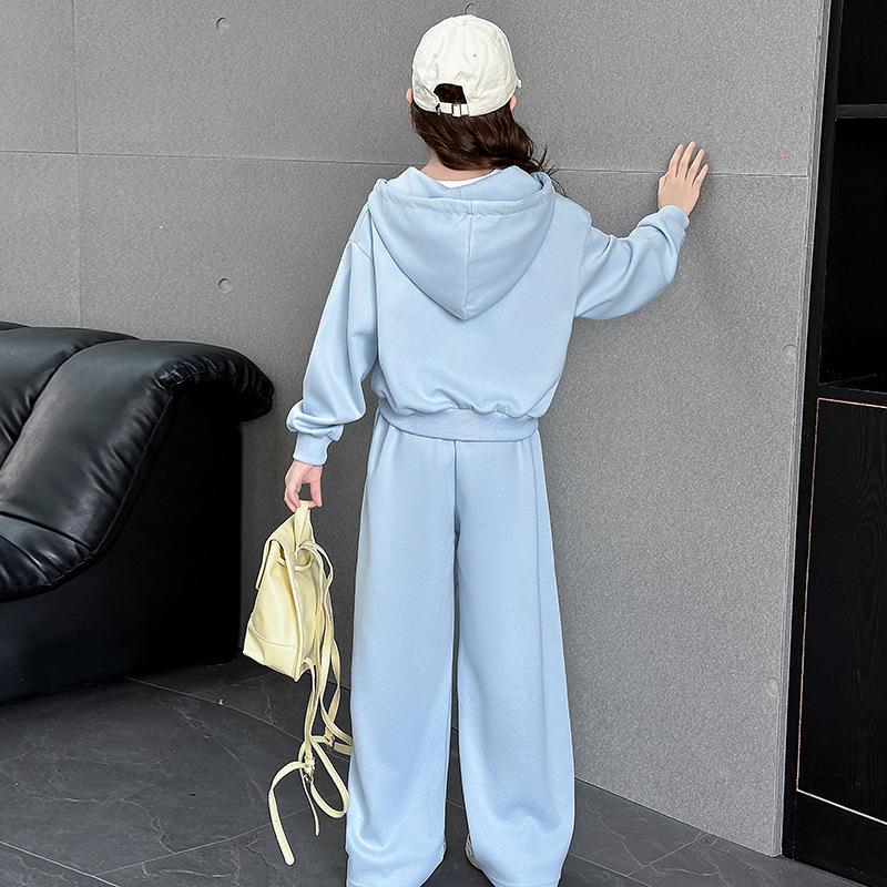 Zestaw Ubrań dla Dziewczynek Nastolatek Bluza z Kapturem Jednolity Top i Spodnie 2szt Dziecięce Bluzy Modne Dresy