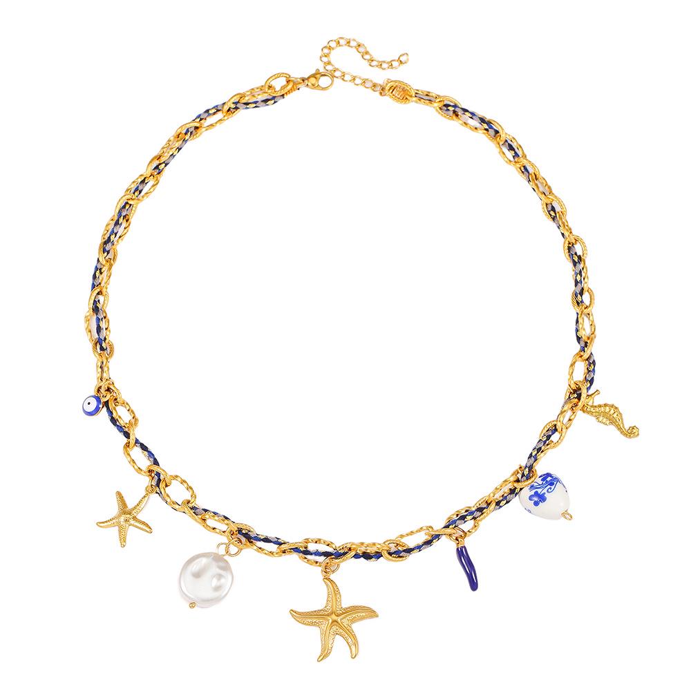 Summer Starfish & Pearl Heart Sea Turtle Pendant Necklace - Dopamine Stainless Steel Clavicle Chain