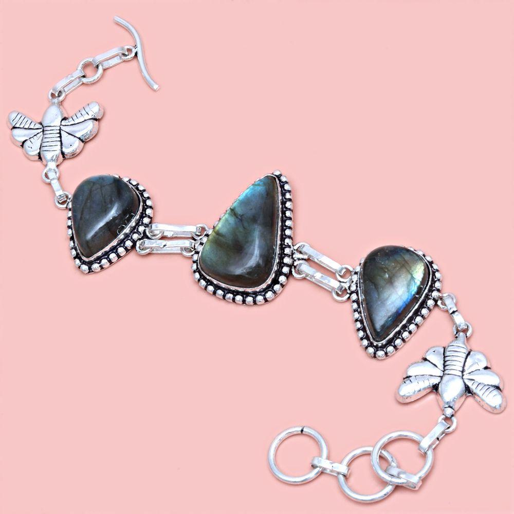 Shiney Labradorite Gemstone Silver Jewelry Bracelets 7''Adjusable