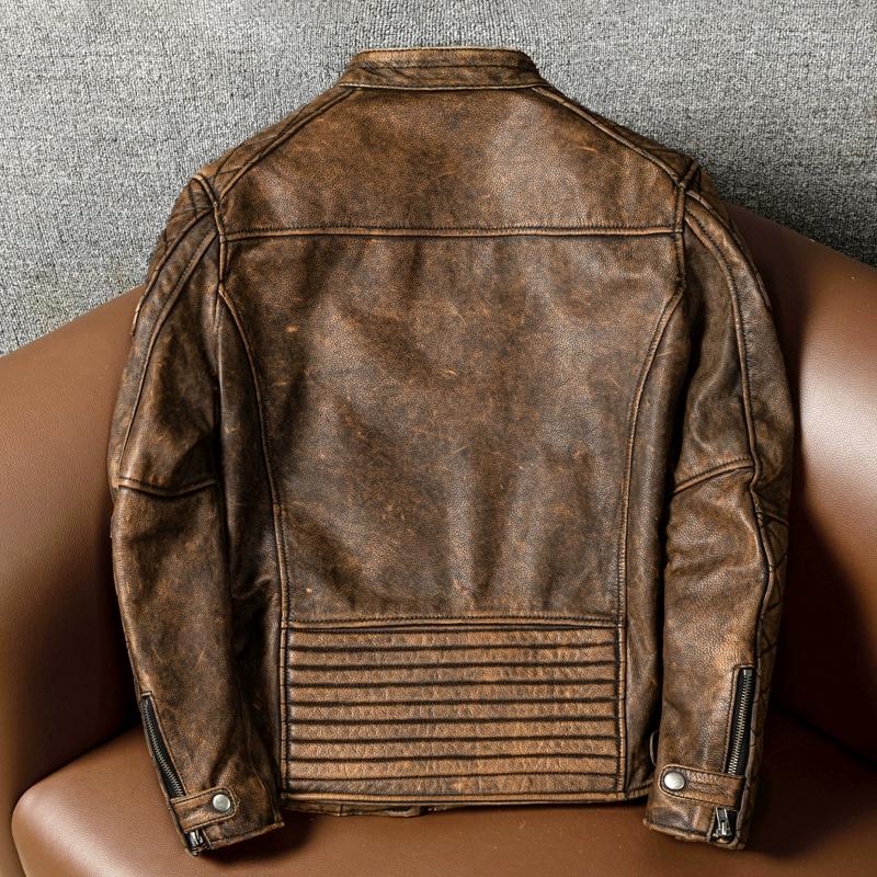 Mens Genuine Leather Jacket Slim Fit Stand Collar Vintage Biker Jacket Riding Coat