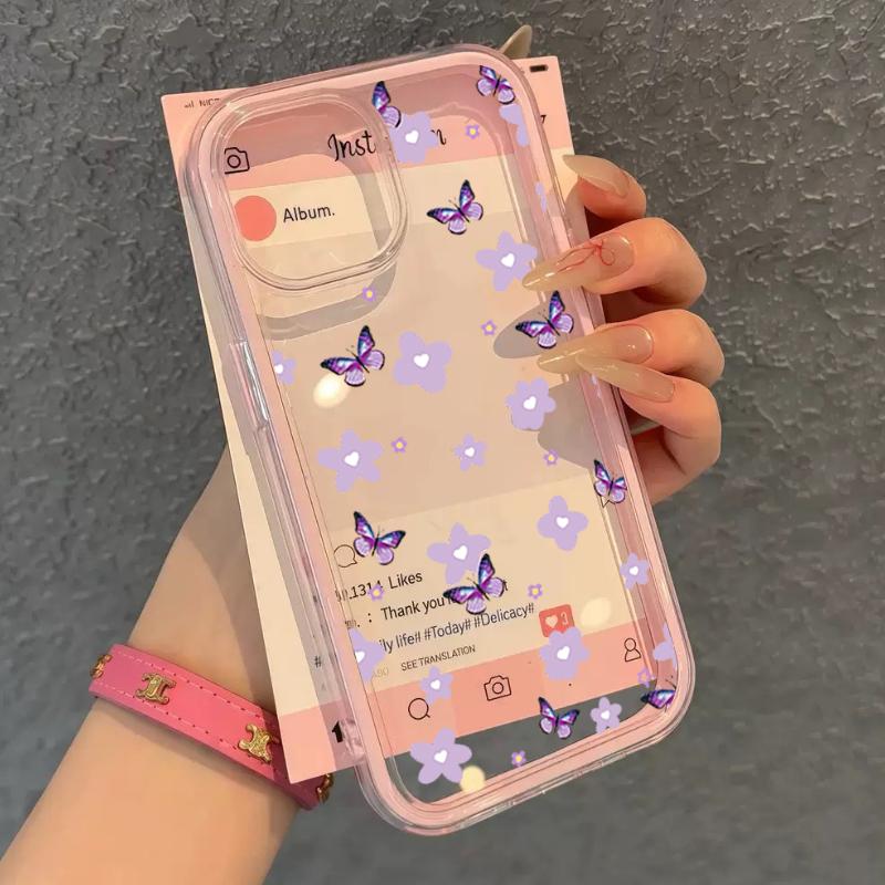 Funda de Teléfono Transparente Rosa de TPU con Mariposa y Flor Morada Para iPhone 11 12 13 14 15 16 17 Pro Max Plus Cubierta de Silicona a Prueba de Golpes