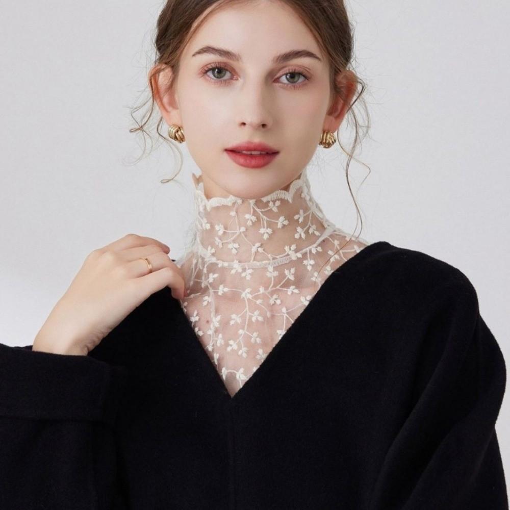 Transparent Lace Fake False Collar Elegant Hollow Petal Statement Collar Floral Embroidery Black and Apricot