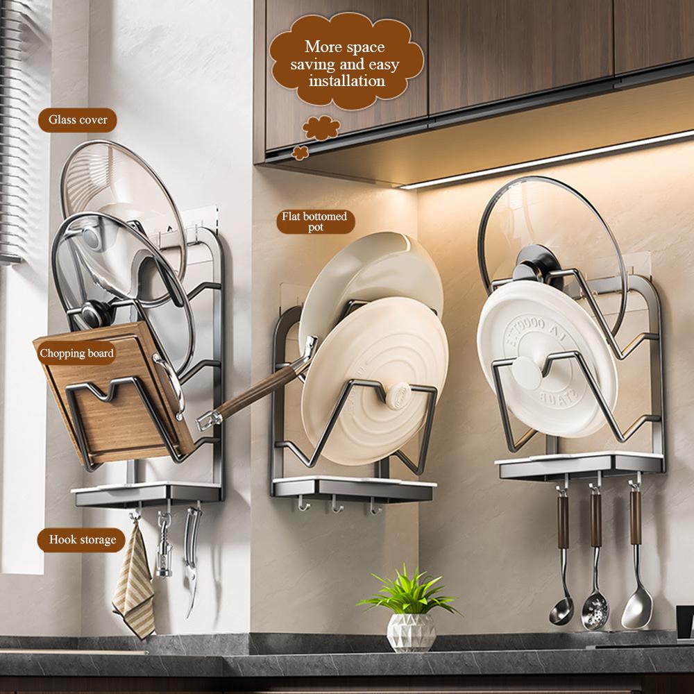 Półka na pokrywki garnków 2/3 poziomu z 3 haczykami, trwała, duża pojemność, regał do przechowywania w kuchni domowej