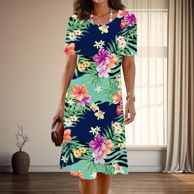 Moda feminina elegante estampa floral verão primavera manga curta gola redonda vestidos casuais