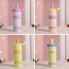 Durable 600ml Water Cup Stainless Steel Leak-proof Cartoon Insulated Cup Large Capacity Double Drinking Straw Cup