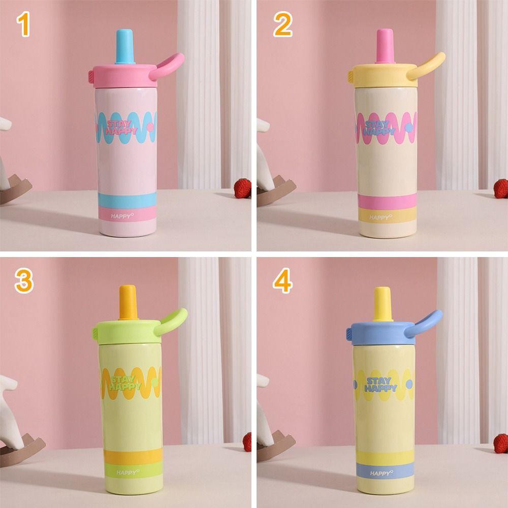 Durable 600ml Water Cup Stainless Steel Leak-proof Cartoon Insulated Cup Large Capacity Double Drinking Straw Cup