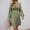 New Autumn Retro Style V-neck Long Sleeve Solid Color Pleated Temperament Women's Dress