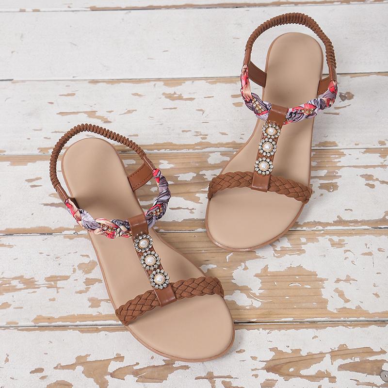 Fashion Summer String Bead Wedge Sandals 2025 New Women's Shoes Elastic Band Women's Sandals Fashion Color Matching Casual Sandals Women
