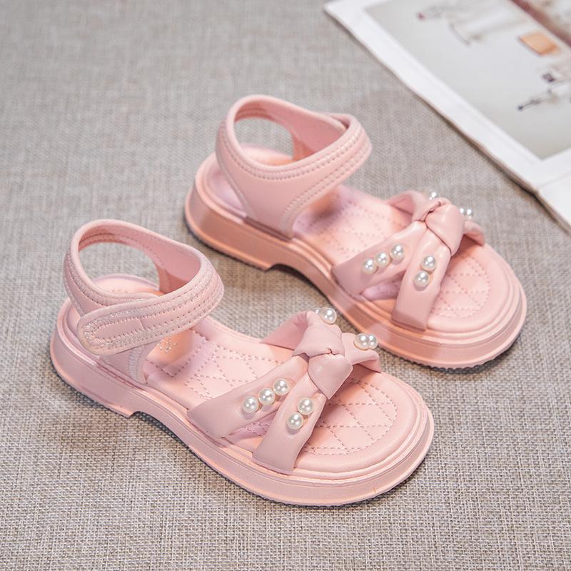 Sandalias cruzadas para niñas pequeñas, sandalias de princesa con perlas, antideslizantes, de moda, para playa, de verano, todas a juego, talla 26-37