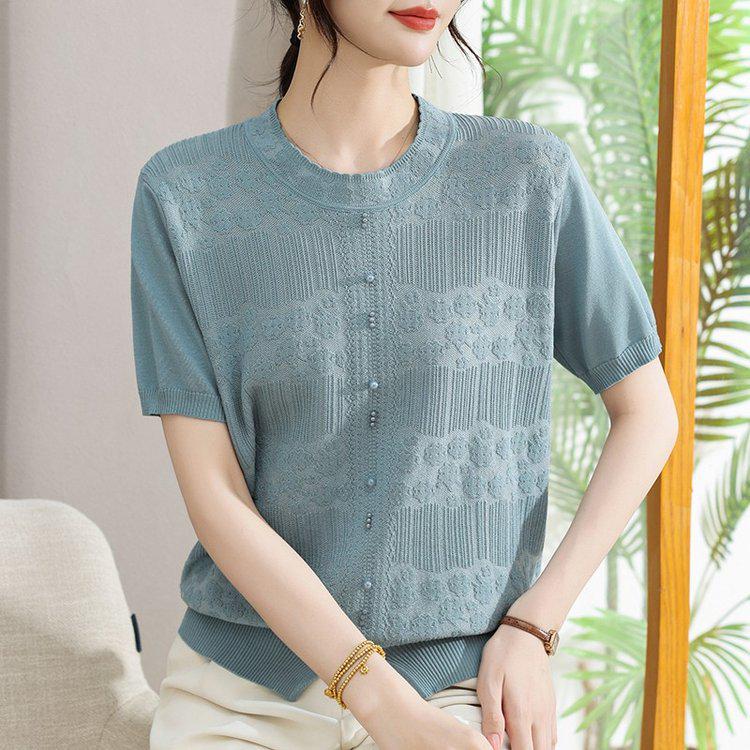 Elegant Women's Knitwear: Casual, Slimming Round Neck Short Sleeve Top for Mothers, Loose & Comfortable Fit