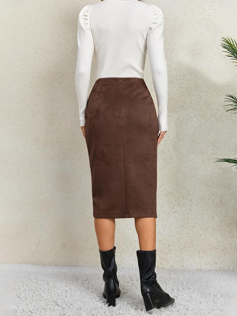 Women's Solid Color Pleated Suede Skirt High Waisted Buckle Wrapped Hip Short Skirt Middle Skirt
