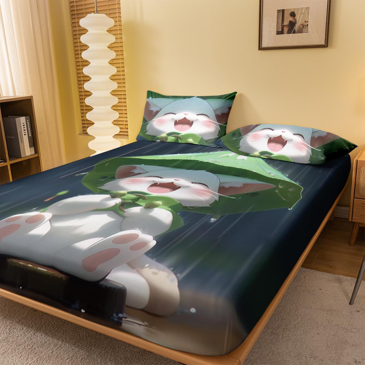 

1 Cartoon Cute Animal Cat Digital Printed Frosted Fitted Sheet,bedroom Printed Bed Cover,bedding(No Pillowcase) 71x132cm