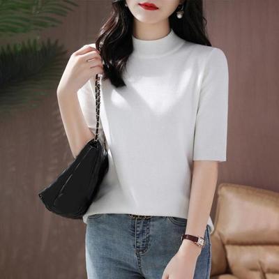 Pull à col mi-haut pour femme, haut en tricot à manches mi-longues, couleur unie, coupe slim, vêtements de ville