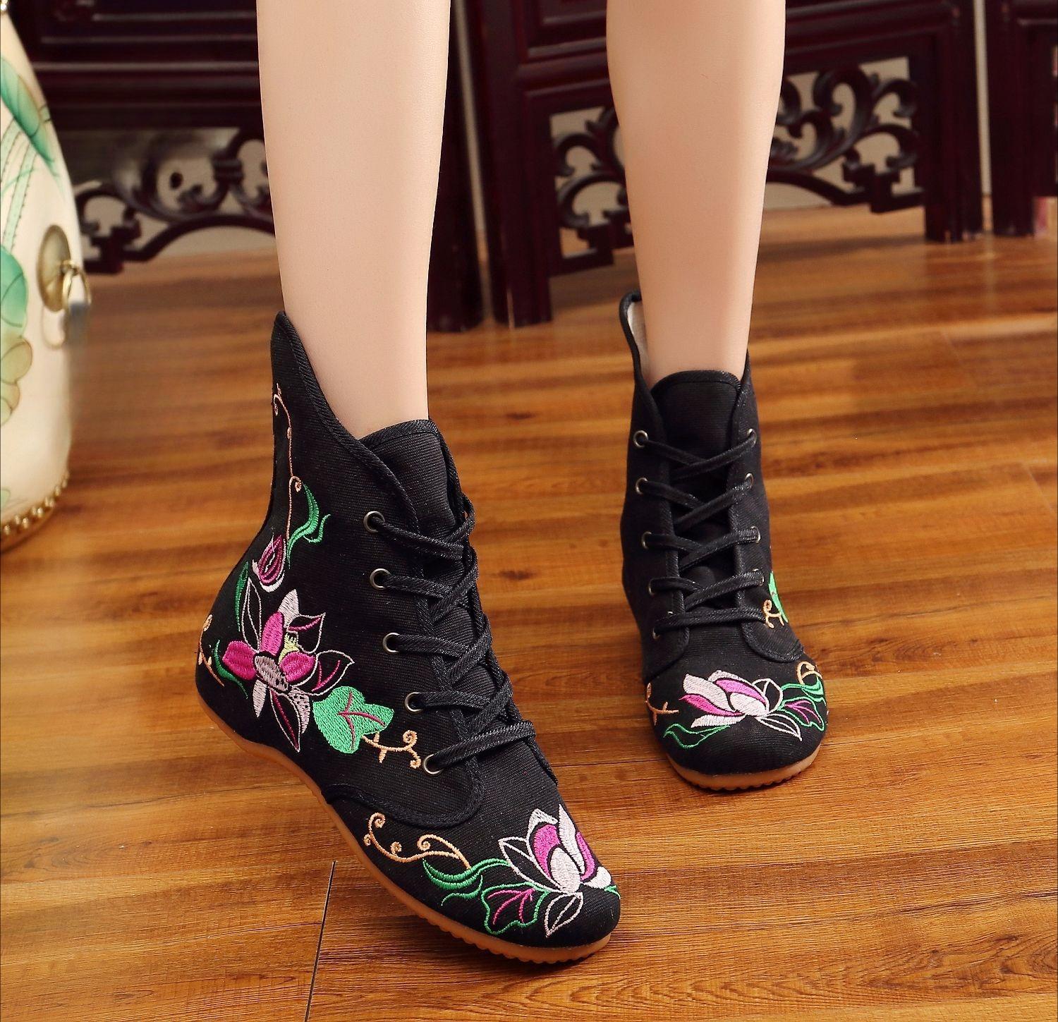 

Embroidered Fabric Boots Autumn/Winter New Arrival High-Top Wedge Heel Ethnic-Style Women s Single Boots 41