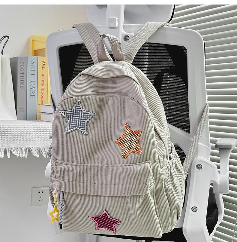 Schoolbag New Corduroy Star Patch Backpack Women's Large Capacity Casual Bag Women's Soft Sister Cute Middle School School Bag