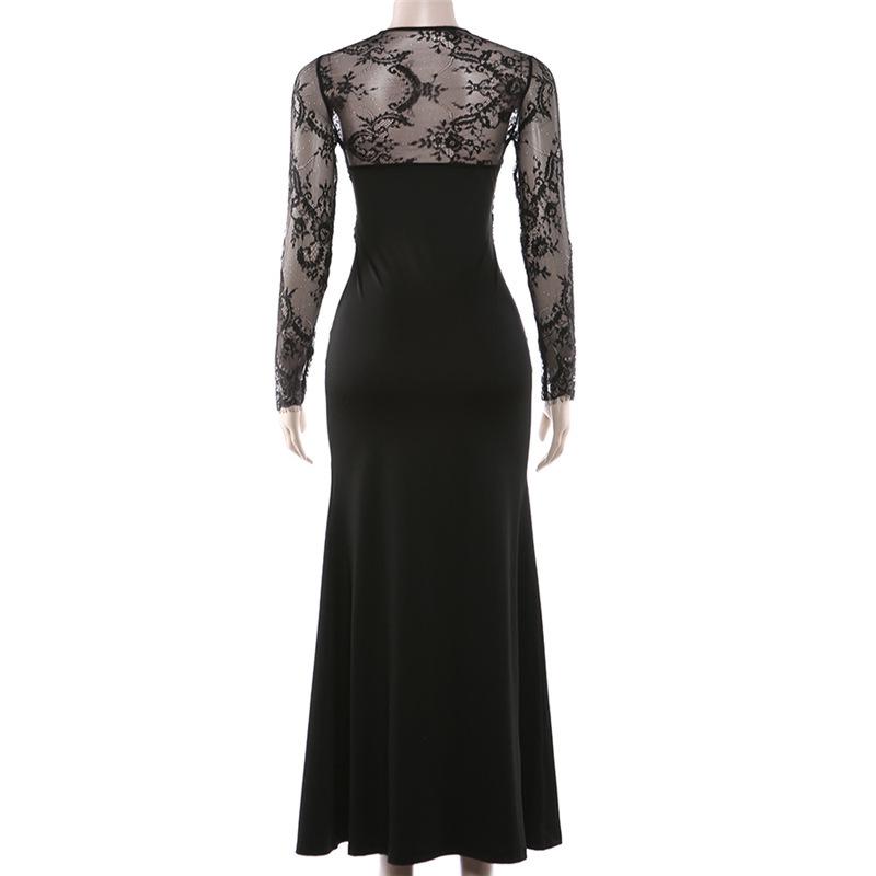 2026 Spring Elegant European-Style Lace Patchwork Deep V-Neck Slim Fit Long Sleeve Dress for Women