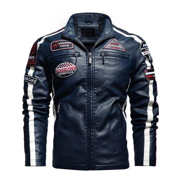 Men Motorcycle Jacket Winter Men Faux Pu Leather Jacket Casual Embroidery Coat Zipper Fleece Jacket