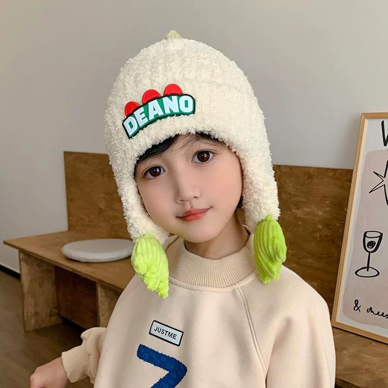 Winter Kids' Thickened Ear-Warming Windproof Fleece-Lined Beanie Cute 3D Dinosaur Knit Beanie