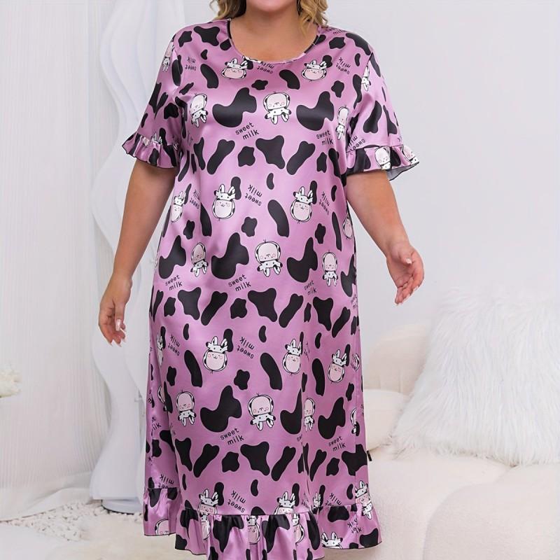 Plus Size Purple Cow Zebra Print Short Sleeve Cartoon Nightdress Loose Comfortable Home Dress Women
