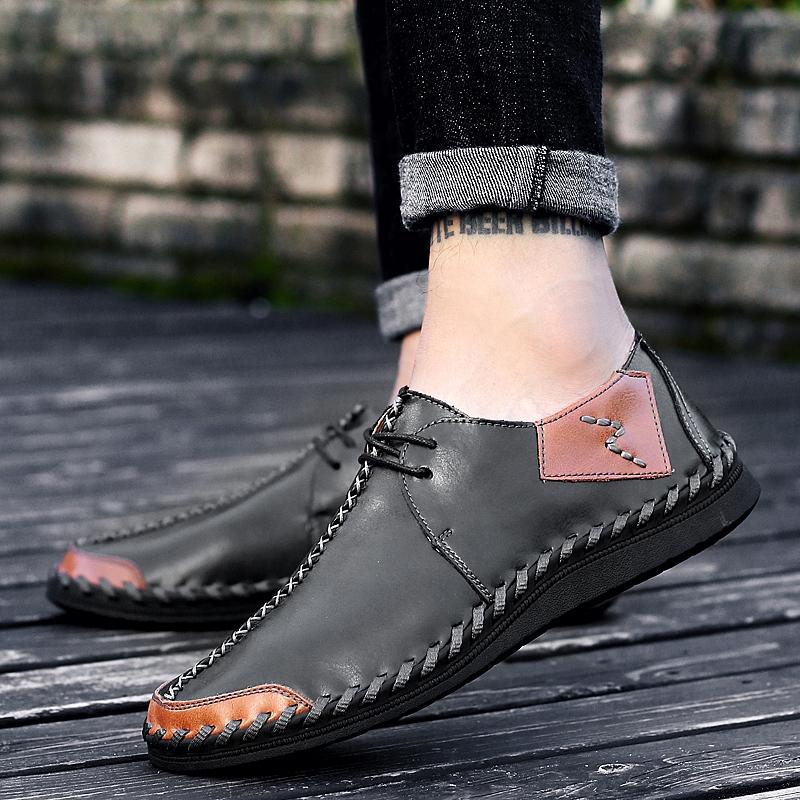 Fashion Simple Quality Leather Men Business Office Shoes Lace Up Flat Bottomed Soft Comfortable Shoe Hand Sewn Casual Shoes  Sizes 38-47