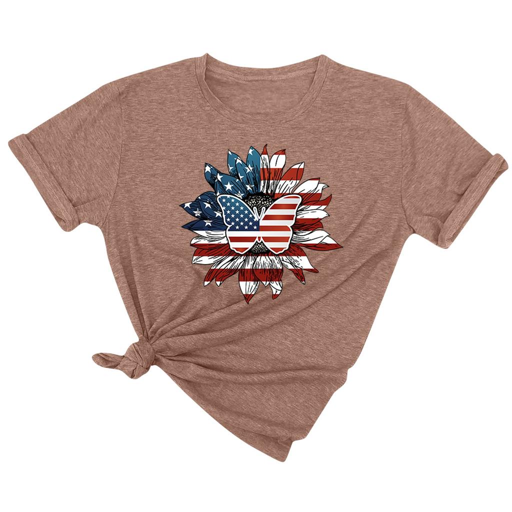 Women's Summer Casual Loose Sunflower Print T-shirt Round Neck Pullover Short Sleeve