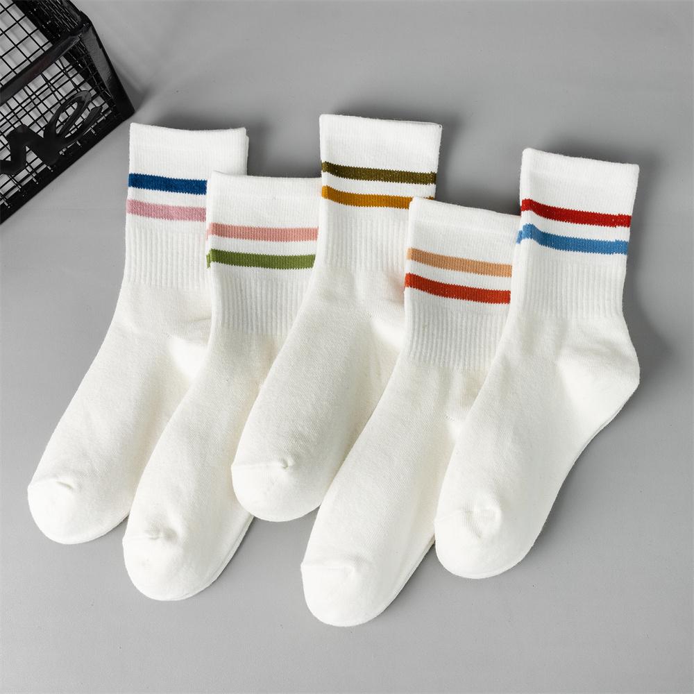 5 pairs of spring and summer pure white striped college style socks