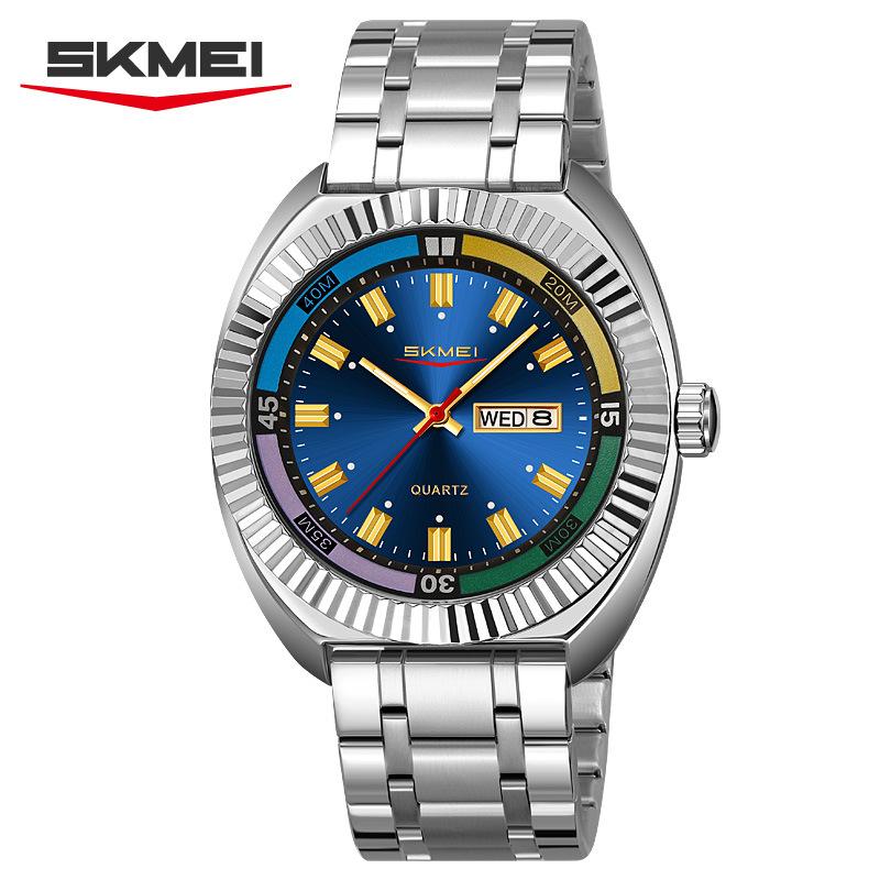 SKMEI Retro Men's Quartz Watch Fashion Sport Butterfly Buckle Steel Belt Week Calendar Large Dial Watches For Man