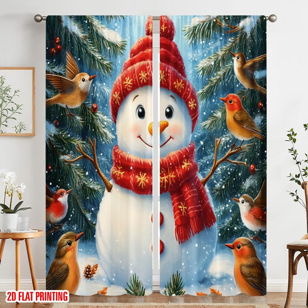 2pcs,2D plane printing Minimalist Curtains Cute Snowman Robin Christmas Winter (2) Polyester Fabric (without rod) Decorations