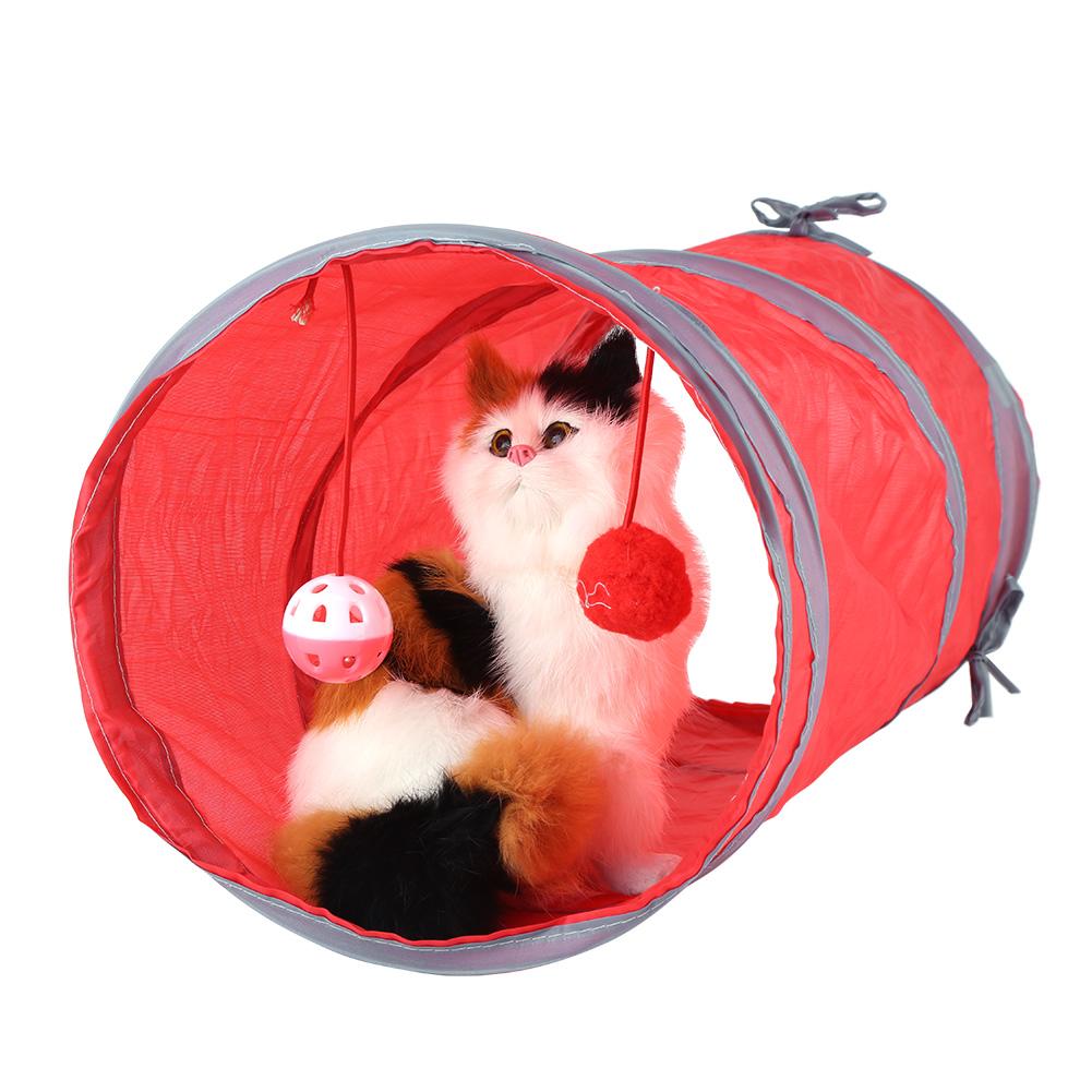 Cat Tunnel Toy Kitten Playing Tube Pet Toys with Tinkle Bell & Plush Ball(Red)