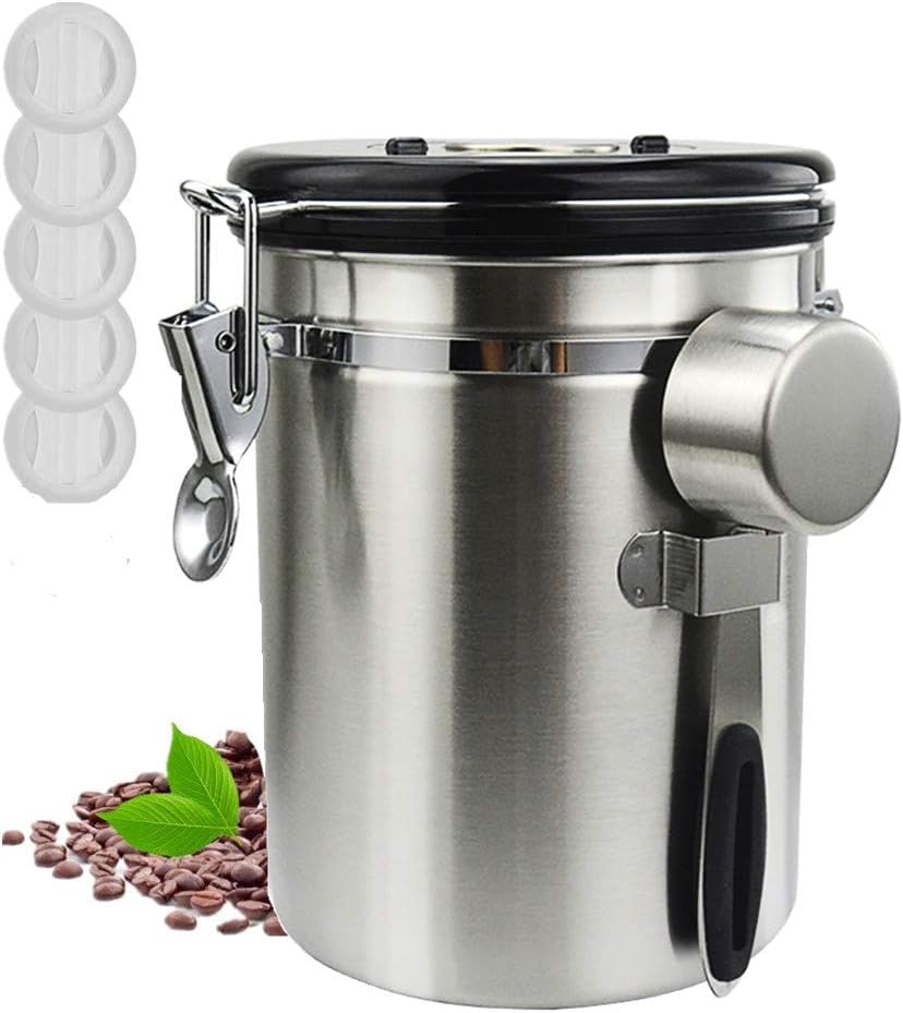 

Coffee Canister Coffee Bean Storage Airtight Container with Replacement Valve and 500g Suitable for with Date Large Silver 1500ml, Container, Spoon,
