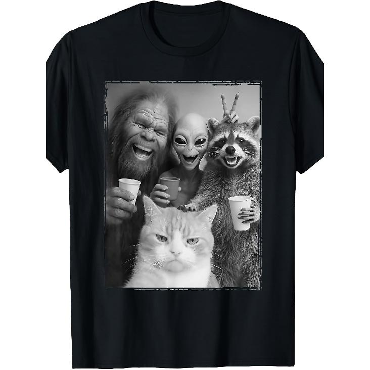 Cat Selfie with Bigfoot, Alien&Racoon Funny Cat T-Shirt Men's Vintage T-shirt Perfect for Home|Outdoor|Work|Gifting (Birthdays|Valentine's