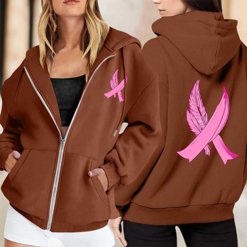 Women's Breast Sweatshirt Ribbon Breast Long Sleeve Hooded Pocket Casual Sweatshirt Jacket